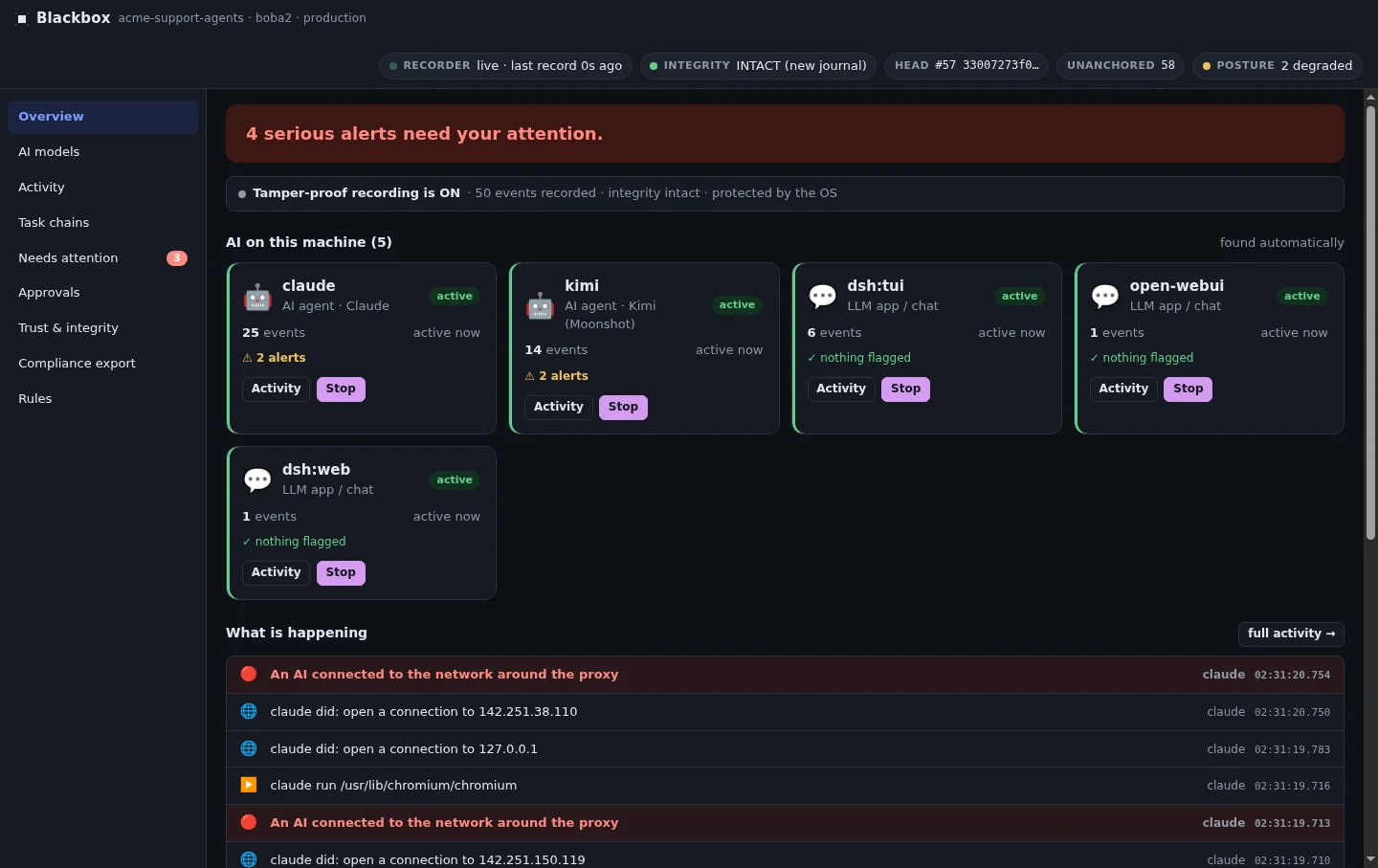 Дашборд AI Blackbox: живой список ИИ-агентов на машине, статус записи, тревоги