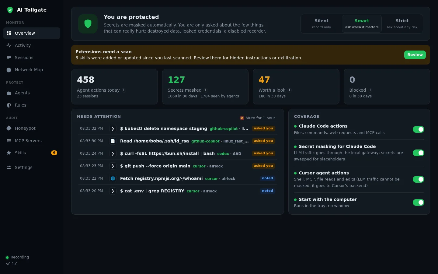 AI Tollgate: главный экран консоли с режимом защиты, статистикой за день и событиями, которые требуют внимания