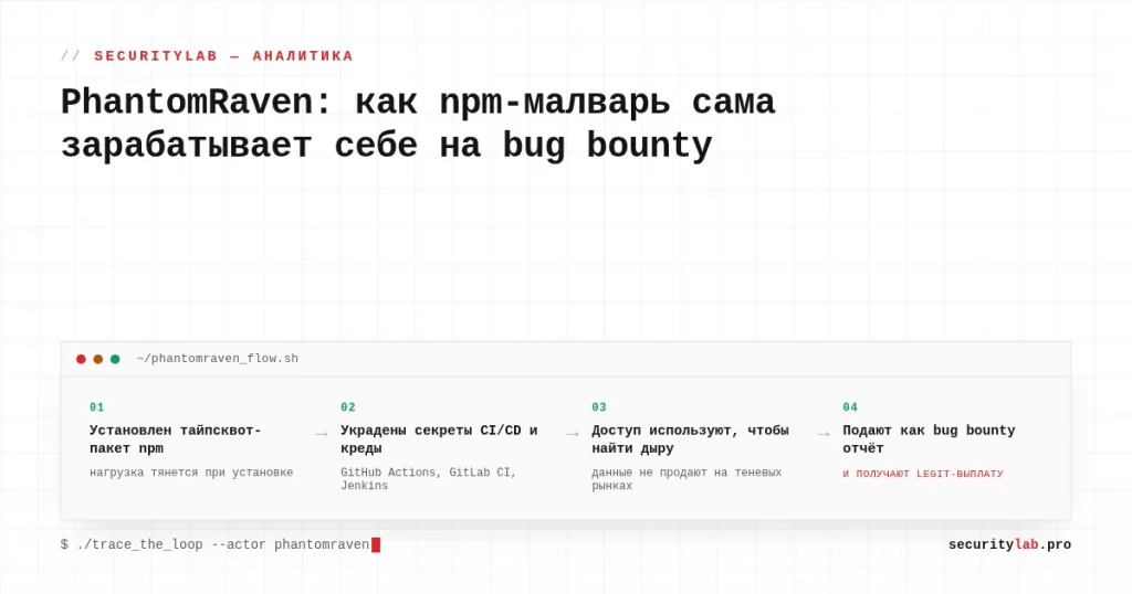 Схема: заражённый npm-пакет крадёт секреты CI/CD, доступ используют чтобы найти уязвимость и получить выплату по bug bounty