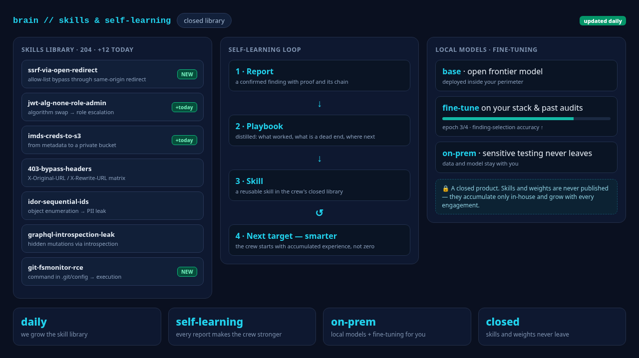 Библиотека навыков AI Brain, цикл самообучения из отчётов и дообучение локальных моделей под стек заказчика